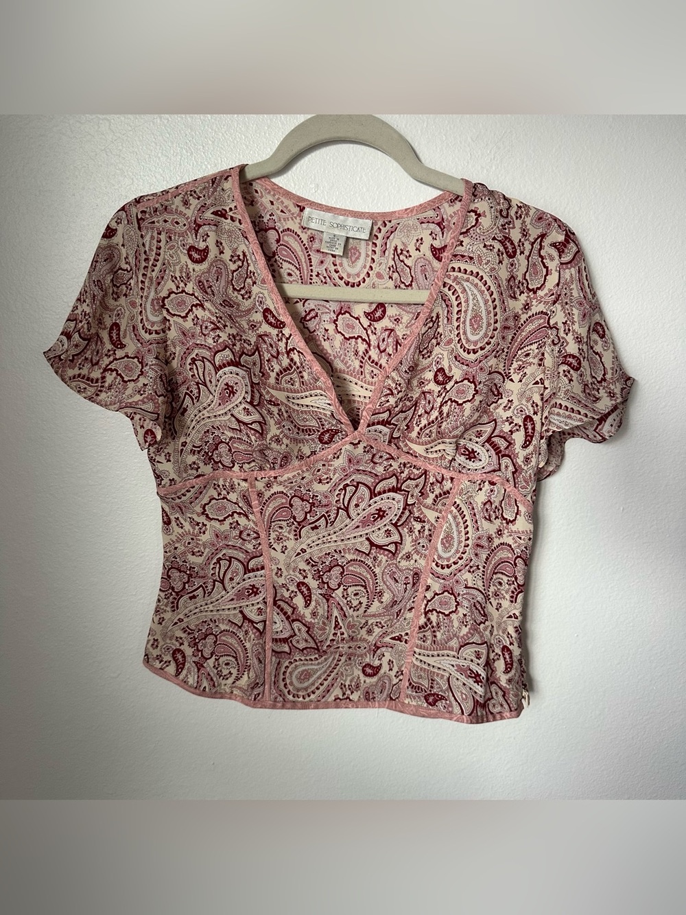 Petite Sophisticate Pink Silk Paisley V-Neck Women's Topped